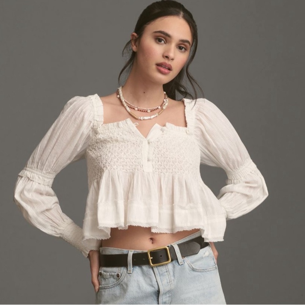 🖤 Anthropologie Puff-Sleeve Babydoll Top – Ivory | Size L